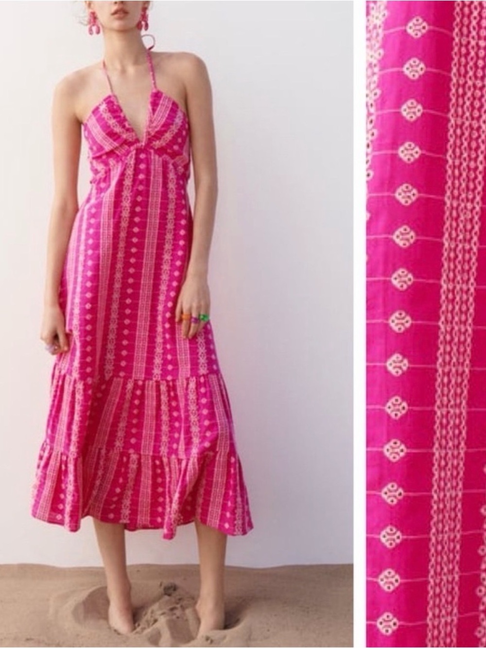 ZARA OPENWORK EMBROIDERED EYELET MIDI HALTER DRESS PINK XS